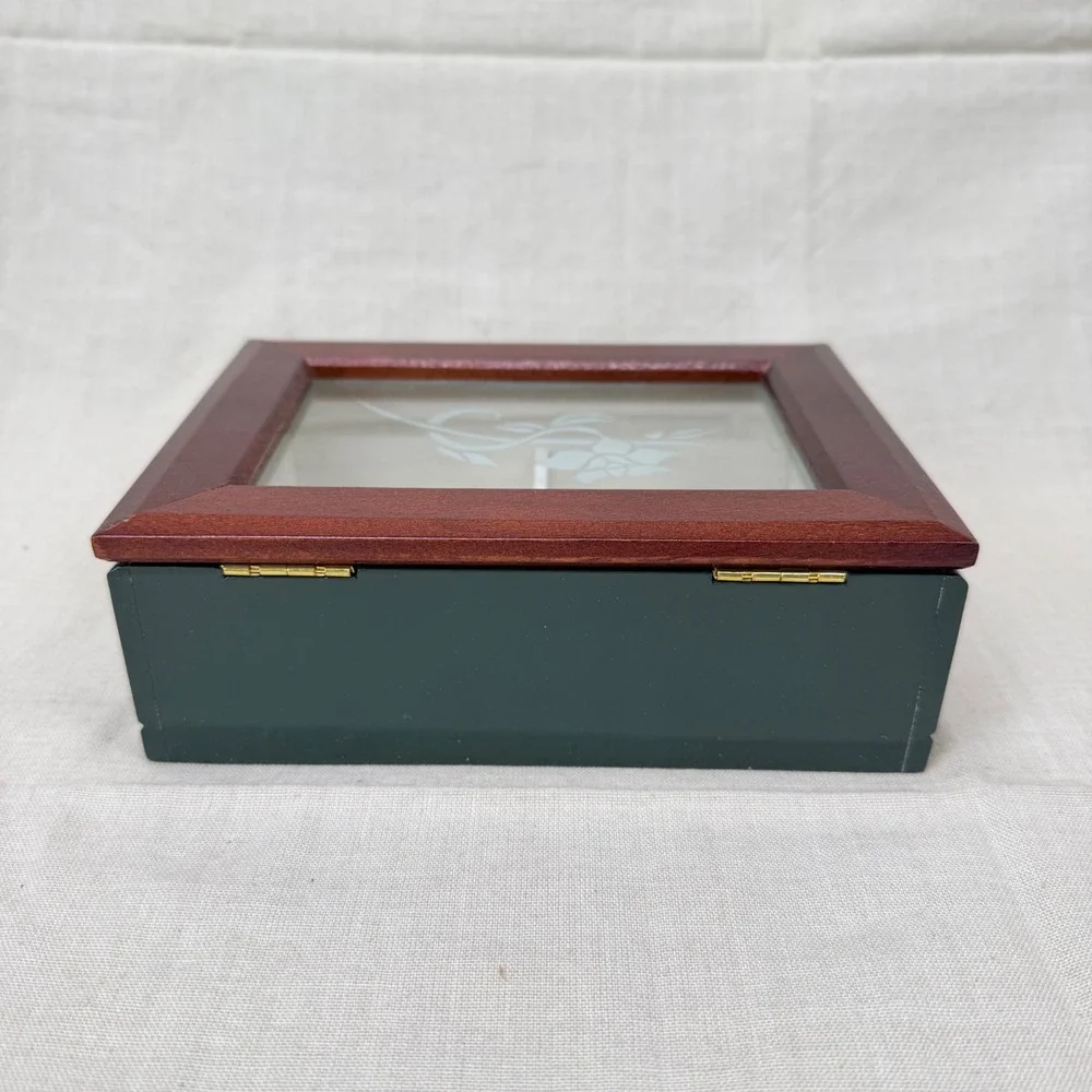 Vintage Wood Jewelry Box Glass Lid Ring Box Trinket Storage Keepsake Organizer